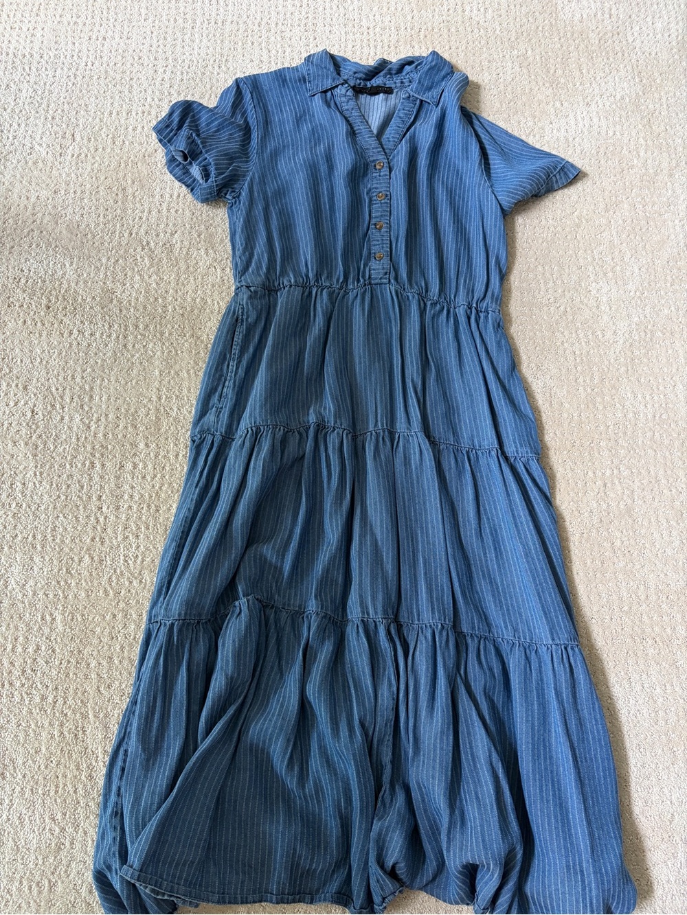 Jane and Delancey Denim Pinstripe Tiered Flowy Maxi Dress